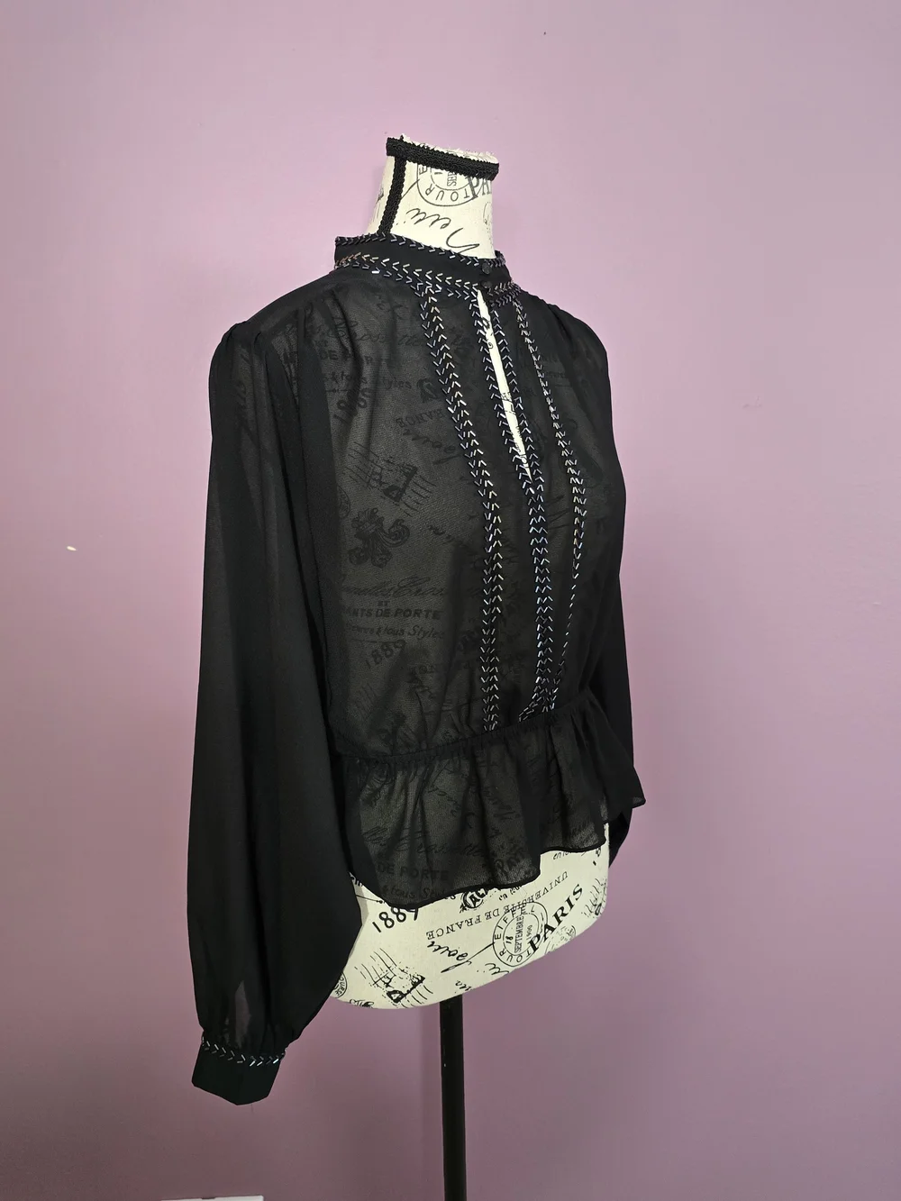 Free People Navy Blue Sheer Peplum Beaded Long-sleeve Blouse XS